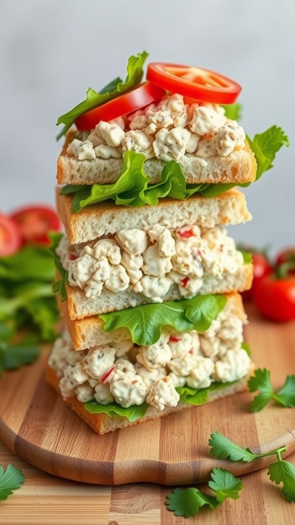 Tuna salad sandwiches stacked with fresh greens and tomatoes