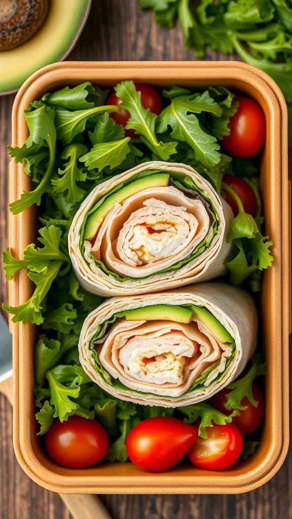 Turkey and Avocado Wrap with fresh vegetables in a lunch container
