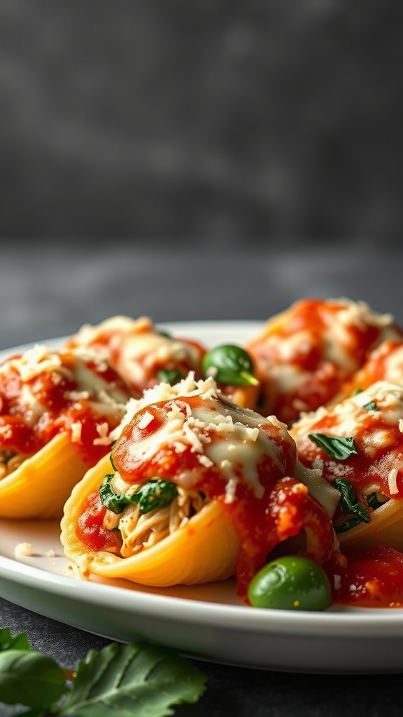 Plate of turkey and spinach stuffed shells with marinara sauce and cheese