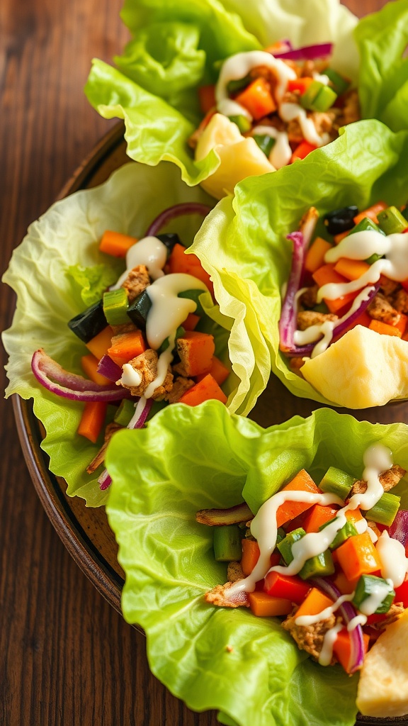 Healthy turkey lettuce wraps filled with colorful veggies
