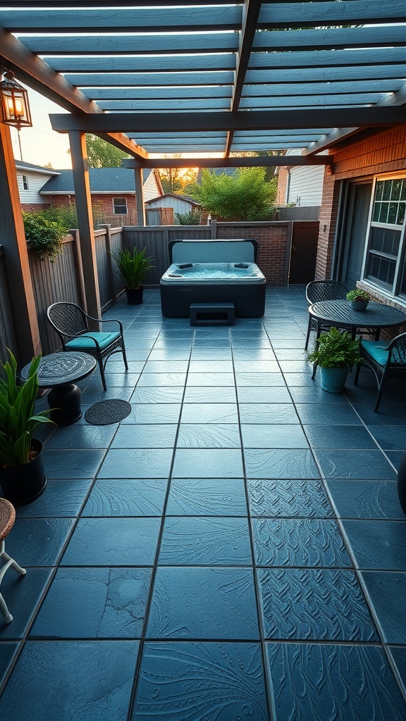 A beautiful turquoise blue stamped concrete patio with a hot tub and seating area.