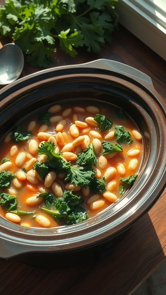 A bowl of Tuscan White Bean and Kale Stew in a slow cooker.