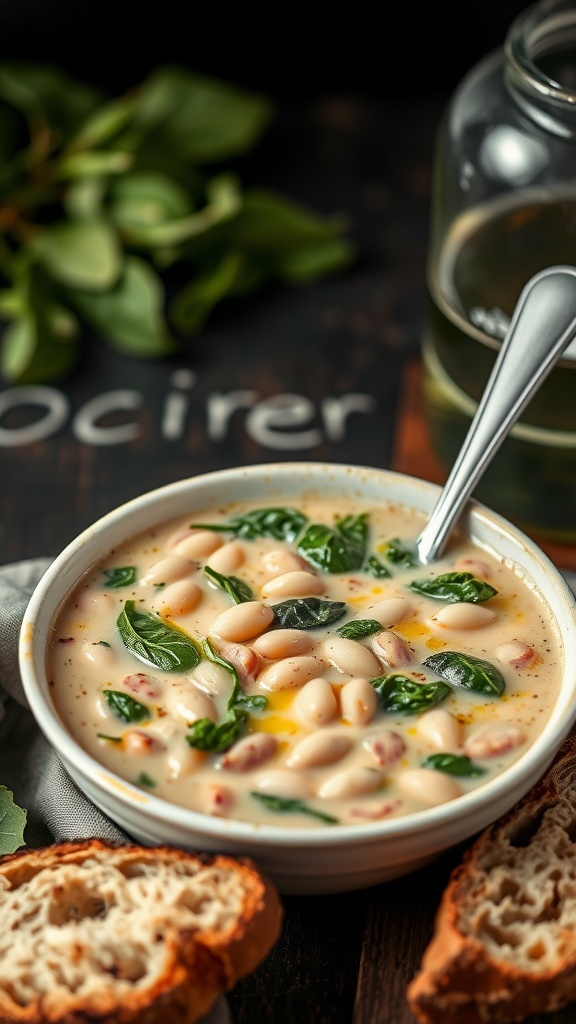 A bowl of Tuscan white bean soup topped with fresh spinach and served with bread.