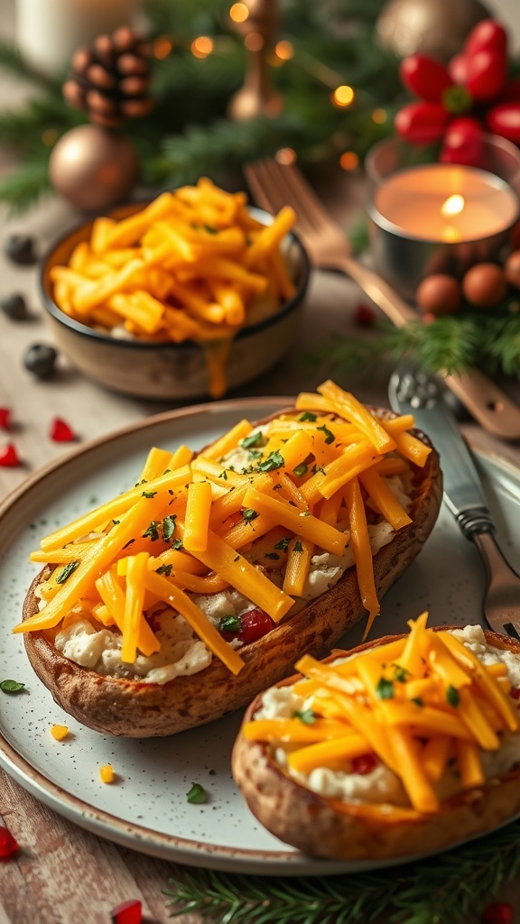 Twice-baked potatoes topped with cheddar cheese and garnished with herbs.