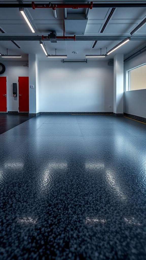 A modern garage with a two-tone epoxy floor showcasing depth and contrast.