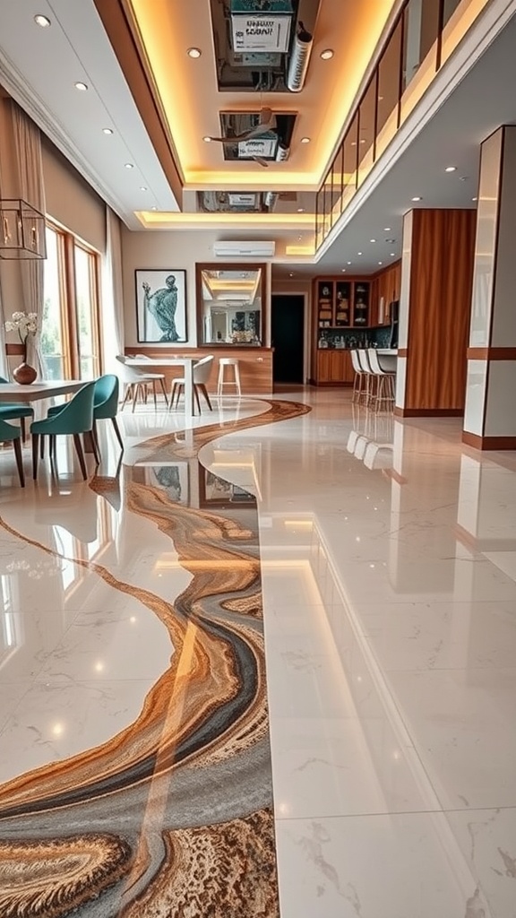 Interior space showcasing a two-tone epoxy floor design with earthy colors.