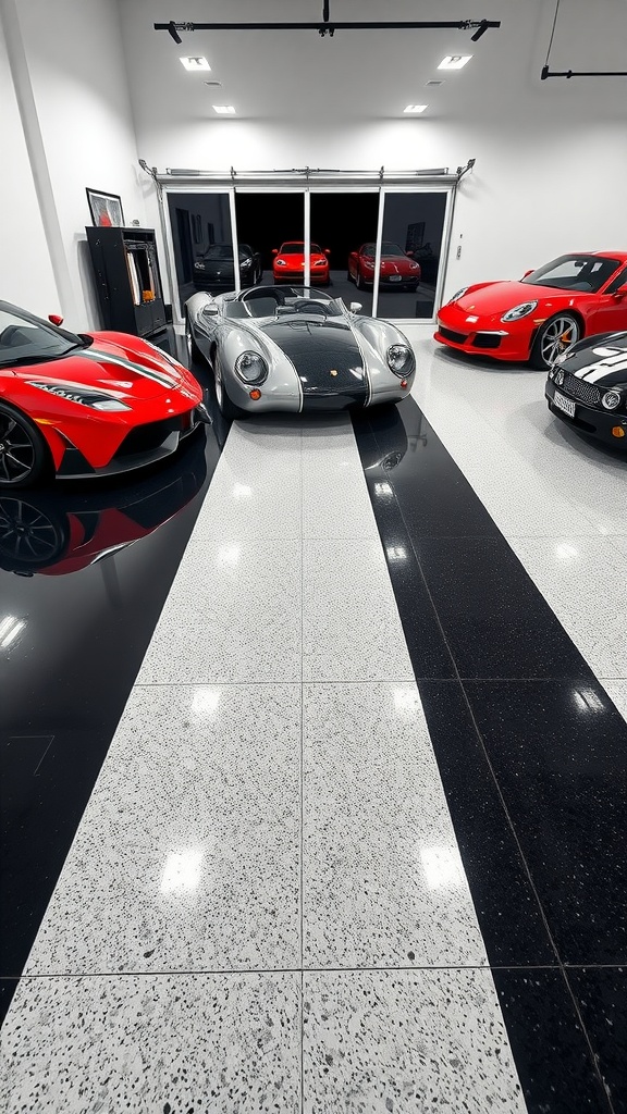 Stylish two-tone epoxy flooring in a luxury garage with several sports cars
