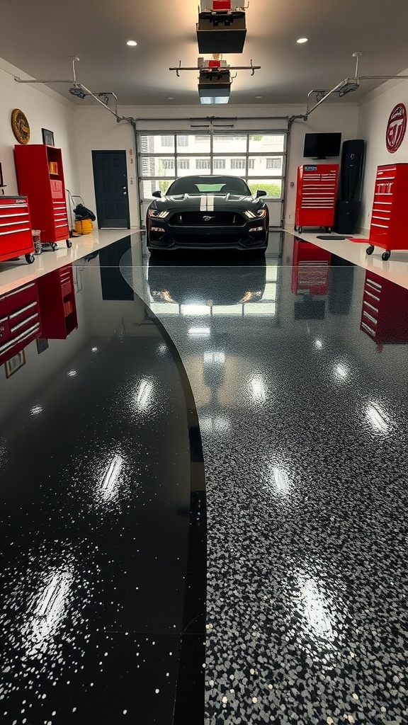 Modern garage with two-tone epoxy flooring featuring black epoxy and flake epoxy designs.