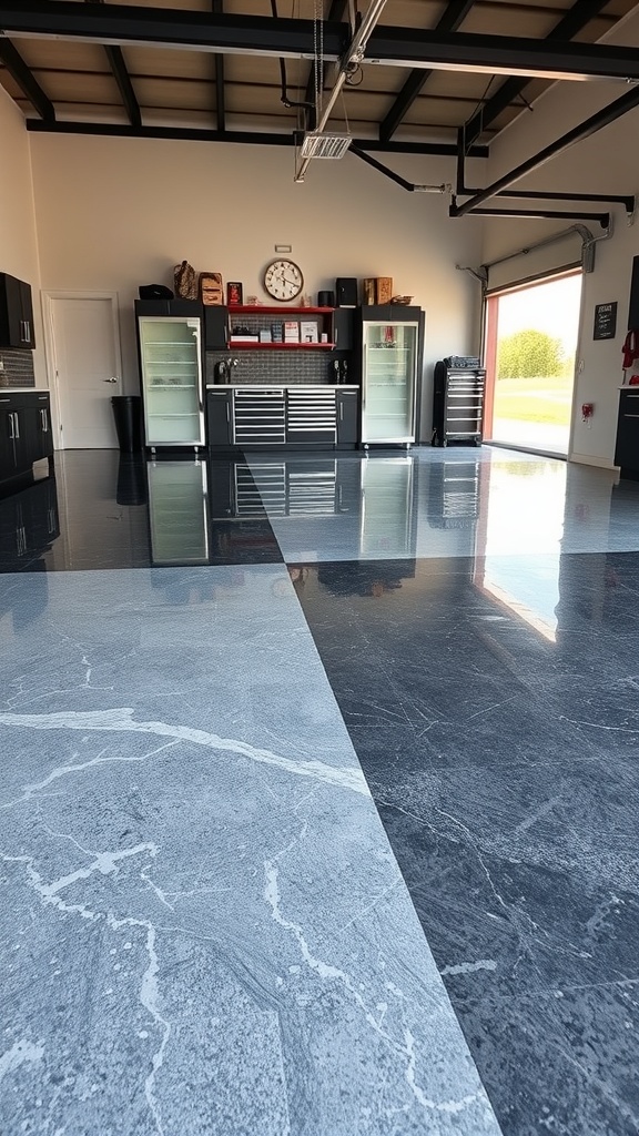 A garage with a two-tone epoxy floor featuring light and dark colors, showcasing a modern design.