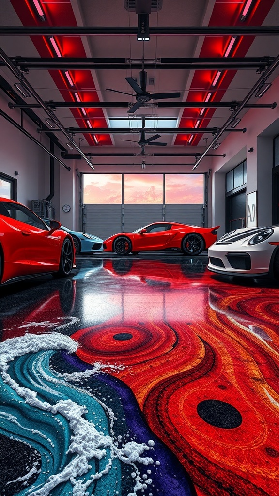 A stylish garage featuring a two-tone red and blue epoxy floor with luxury cars parked on it.