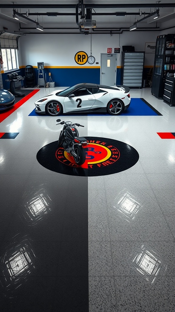 A modern garage with two-tone epoxy floor design featuring black and white sections, a shiny sports car, and a motorcycle.