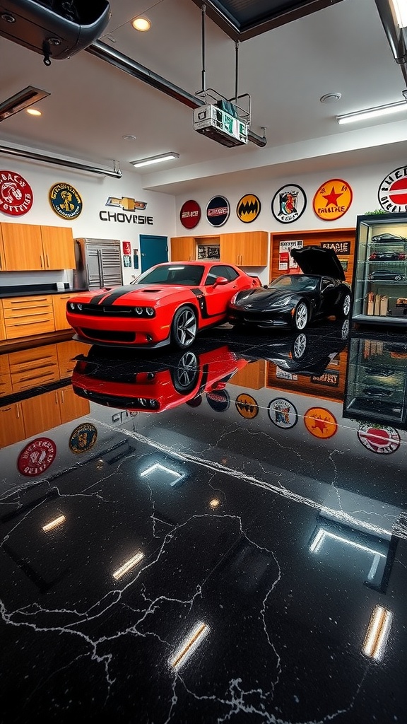 A garage with a two-tone epoxy floor featuring dark and bright colors.