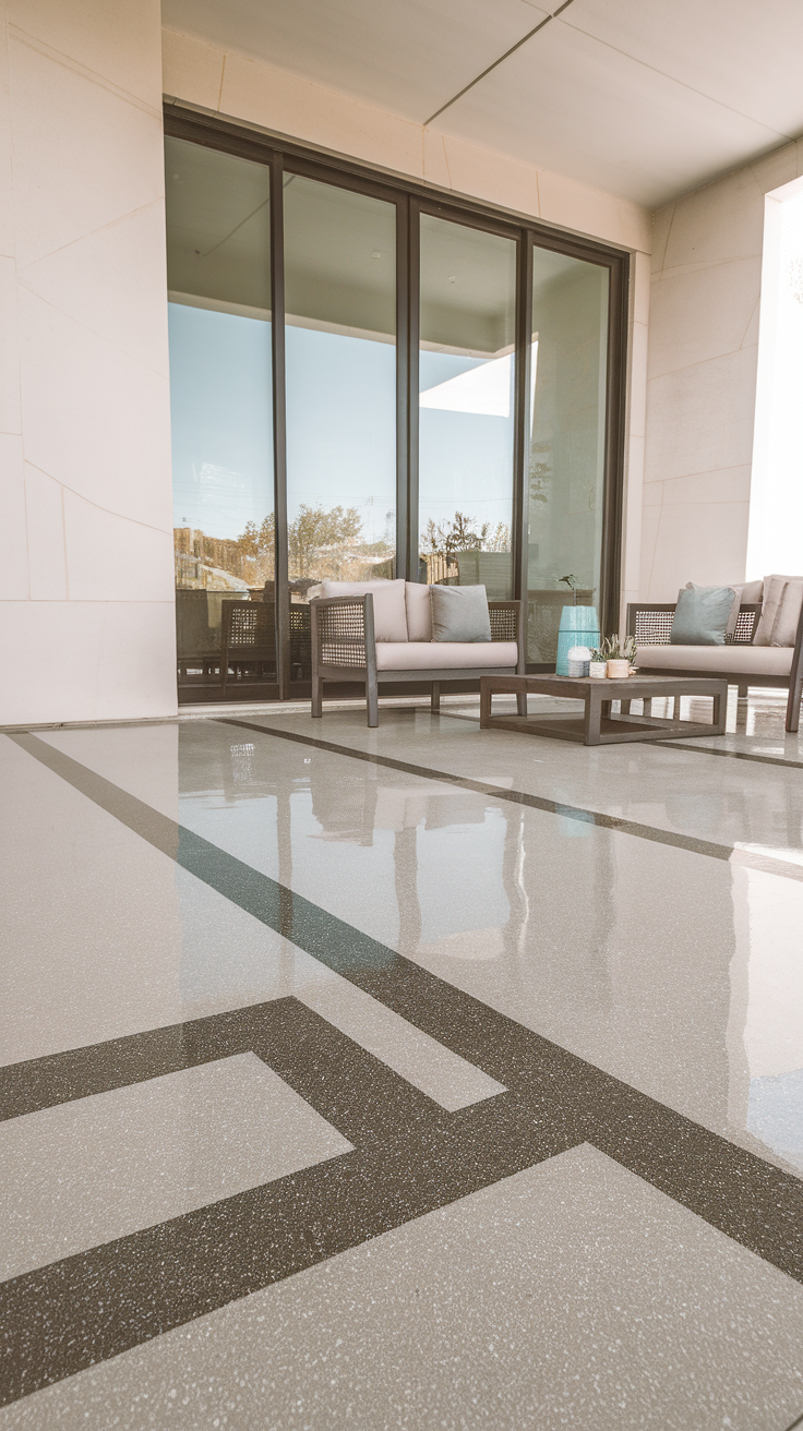 A modern patio with two-tone epoxy flooring featuring a light base color and dark geometric patterns.
