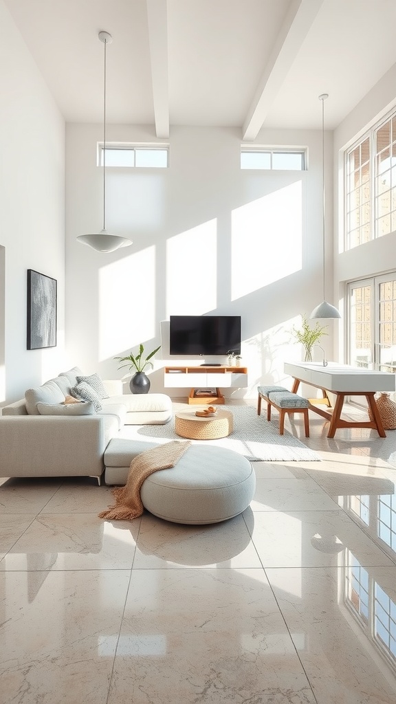A living room featuring two-tone epoxy flooring with circular patterns in brown and white, a cozy sofa, and large windows.
