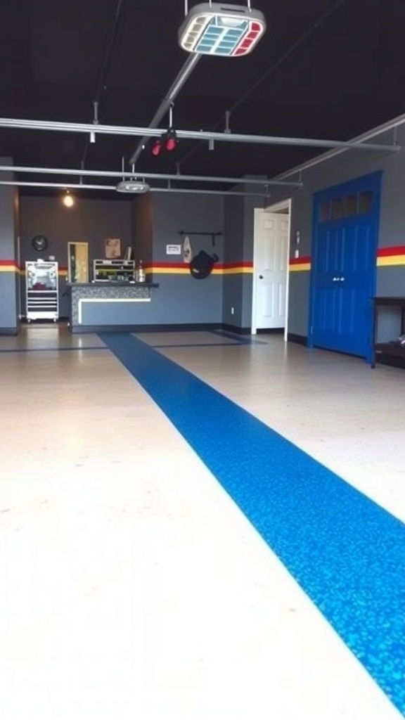 A garage with a two-tone epoxy floor featuring a sleek design and a sports car.