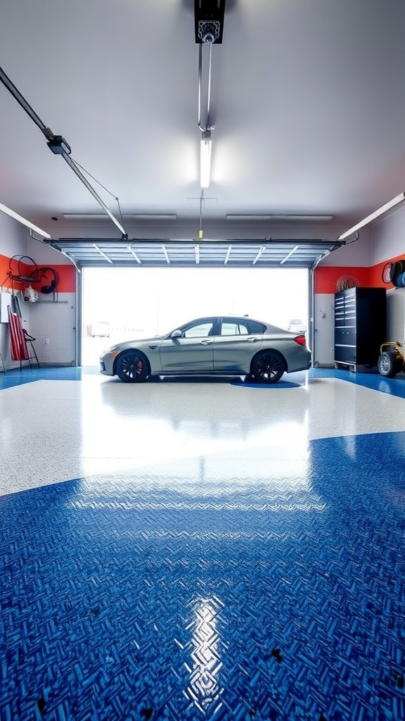 Two-tone epoxy garage floor with a black and white diamond pattern