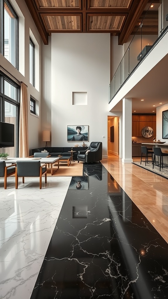 Modern living room featuring two-tone epoxy floors in black and white marble style.