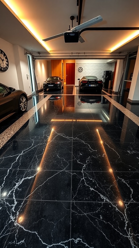 A modern garage featuring a two-tone black marble epoxy floor with sleek cars parked, illuminated by soft lighting.