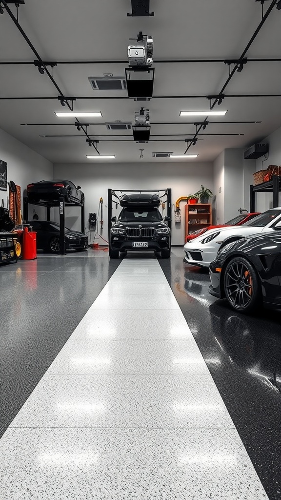 A modern garage interior featuring two-tone epoxy flooring with cars parked inside.