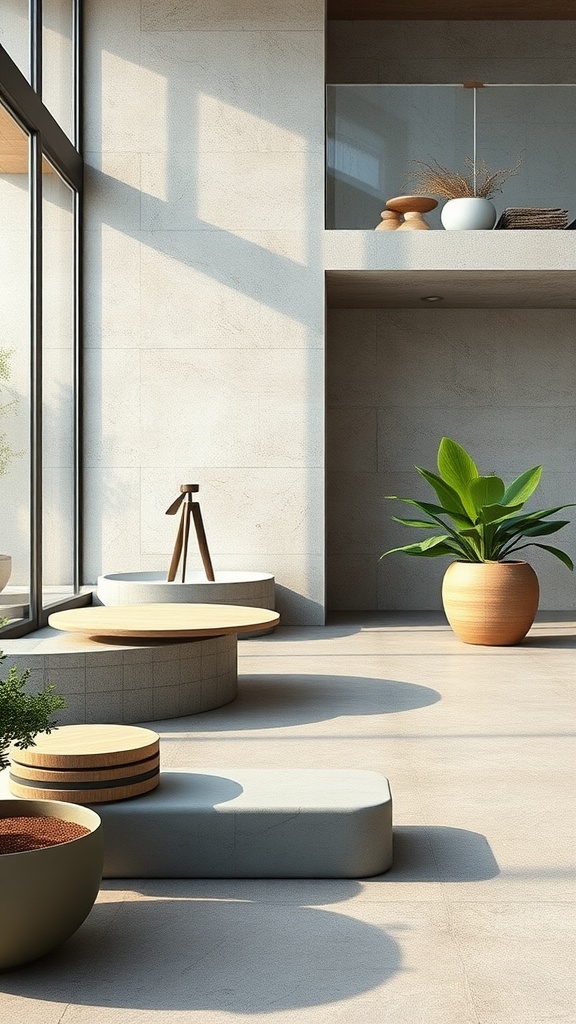 A modern interior space showcasing eco-friendly concrete flooring with natural elements.