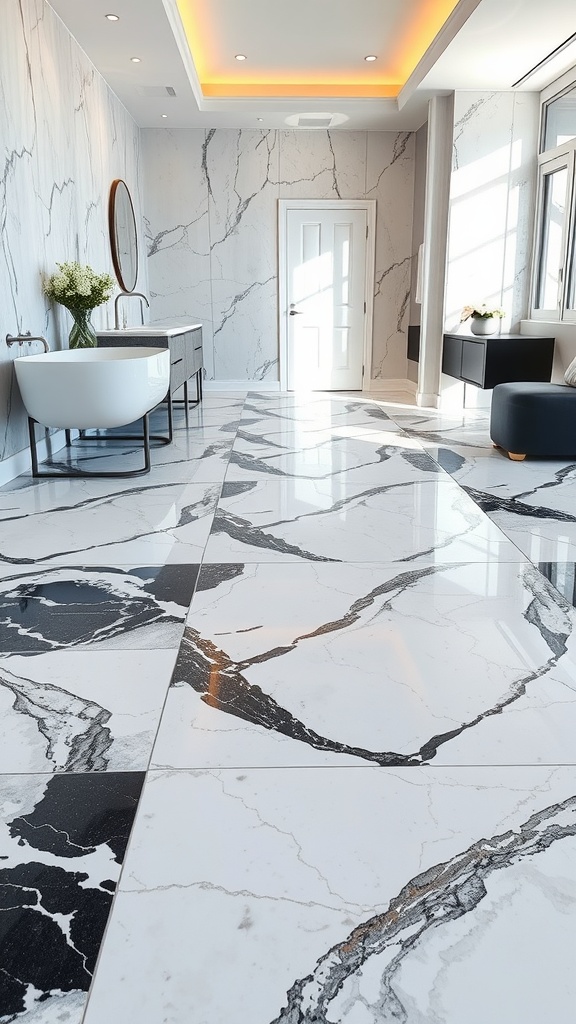 Interior space featuring heated marble floors with a blend of white and black veins.