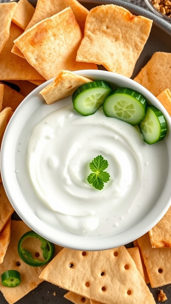 A bowl of tzatziki sauce garnished with cucumber slices and surrounded by crispy pita chips.