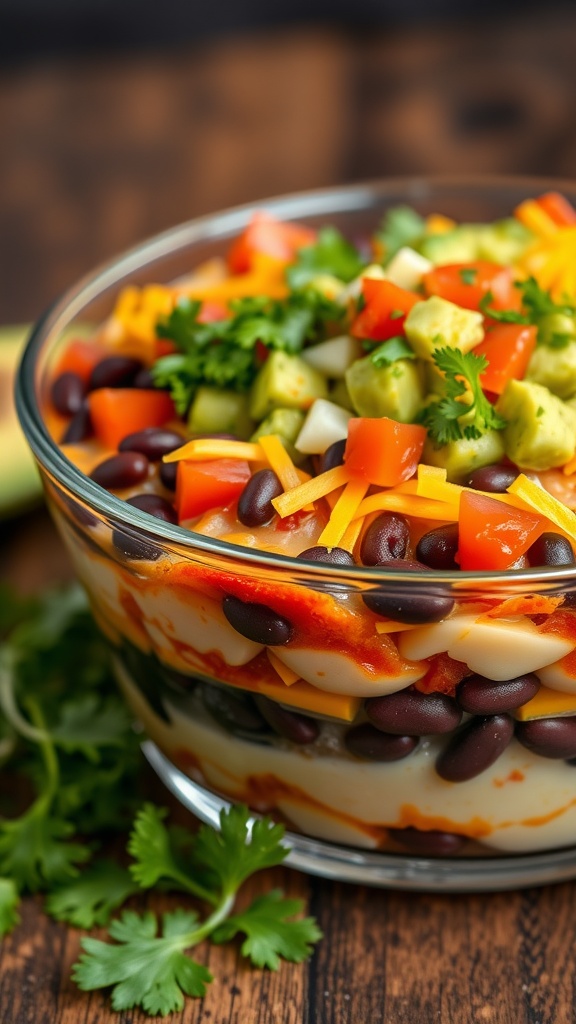 A colorful bowl of 7-layer dip with layers of beans, guacamole, sour cream, salsa, cheese, tomatoes, and greens.