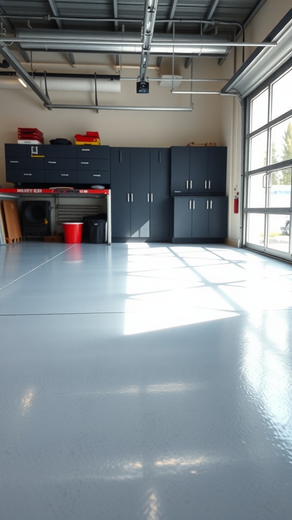 A modern garage with a shiny epoxy floor and dark cabinetry.