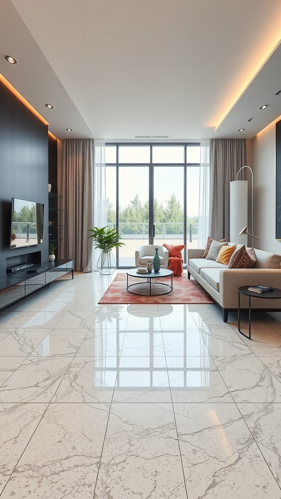 An elegant modern living space featuring a geometric marble epoxy floor with a striking design.