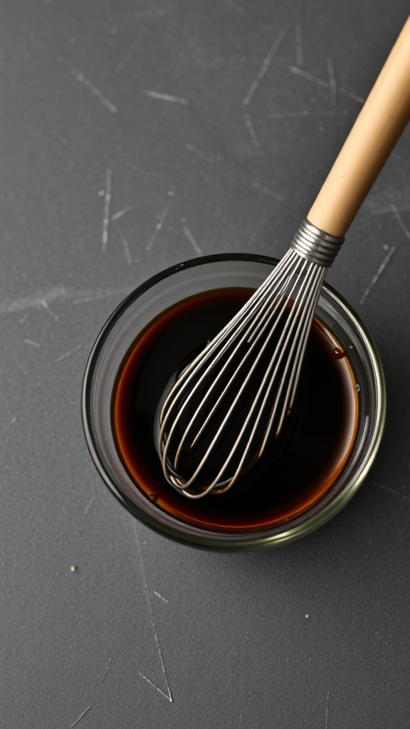 A whisk in a bowl containing a dark, rich sauce.