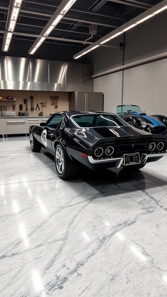 A garage with a light grey epoxy floor and gray walls, demonstrating a well-prepared space for flooring installation.