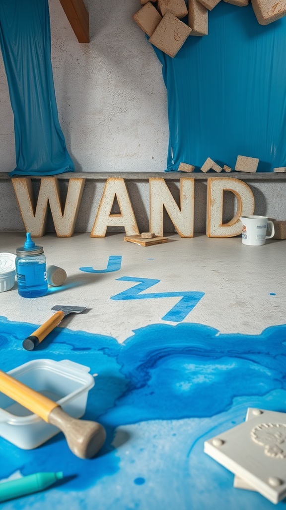 A workspace with tools and blue acid stain materials, featuring the word 'WAND' in letters.