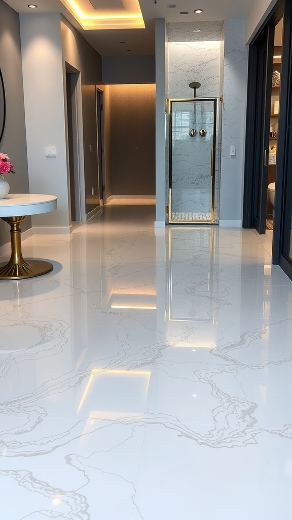 High-gloss epoxy floor with a marble-like design in a modern interior setting.