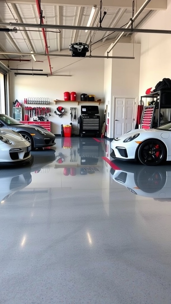 A freshly applied epoxy floor with measurement markings and a clean, organized area.