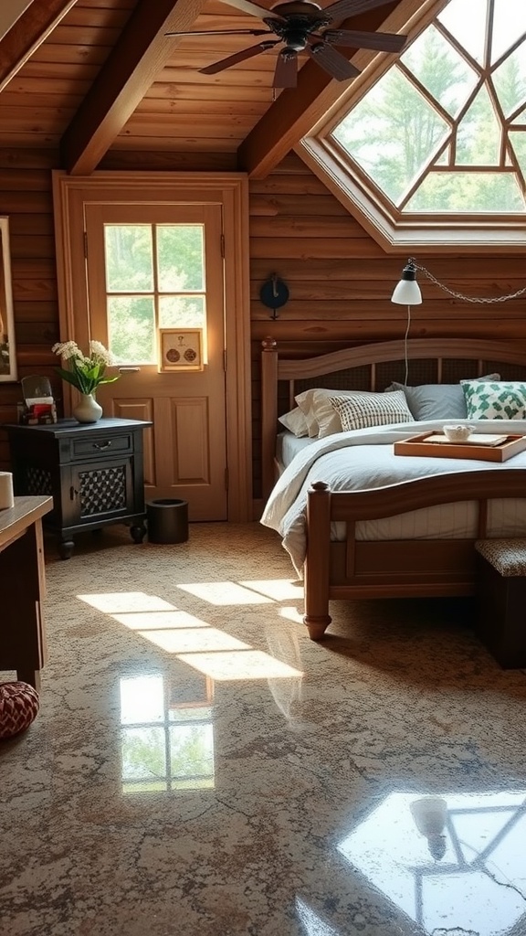 A well-decorated bedroom featuring a cozy bed and elegant epoxy floors.