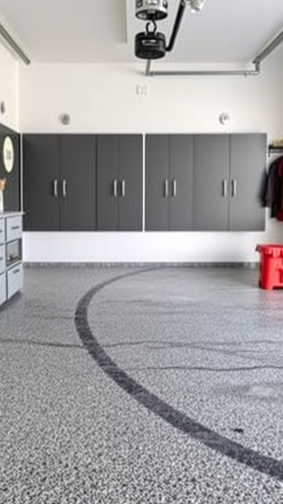A well-designed garage with shiny epoxy flooring, organized shelves, and modern lighting.