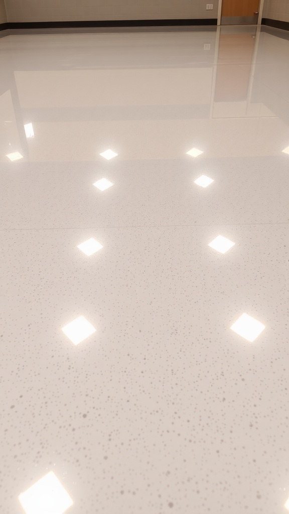 A shiny, smooth epoxy floor with reflective quality and decorative elements.