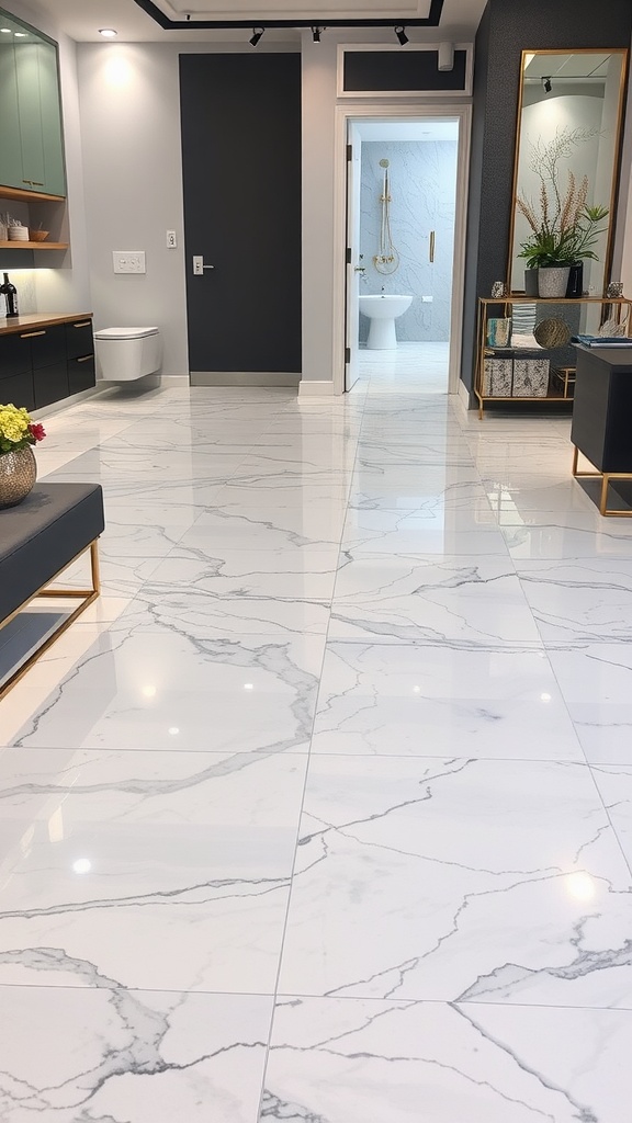 A stylish interior showcasing a marble-like epoxy floor with modern decor.