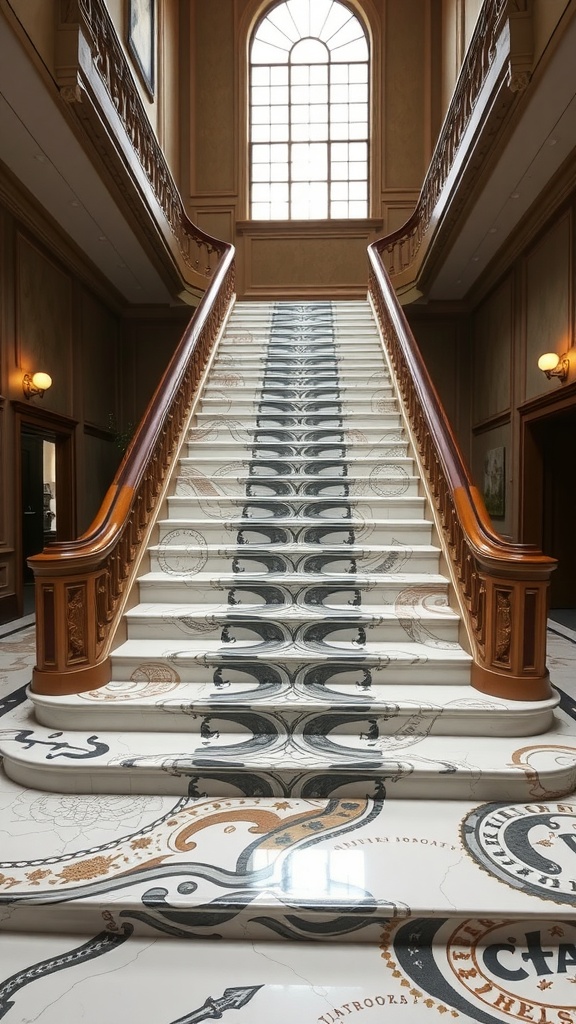 A grand staircase with an epoxy floor featuring intricate designs and glossy finish