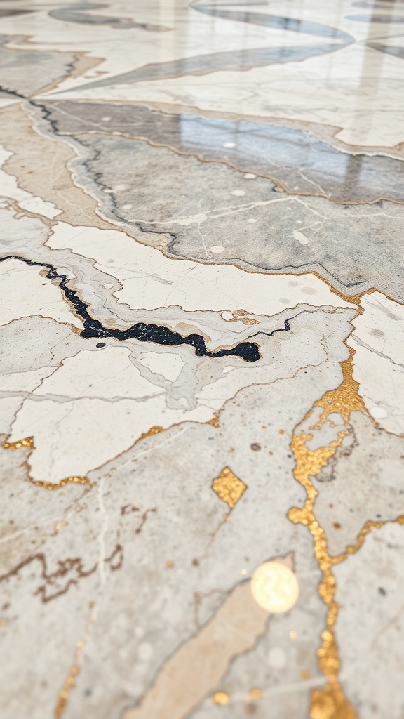 A close-up view of marble metallic epoxy flooring with intricate designs and metallic colors