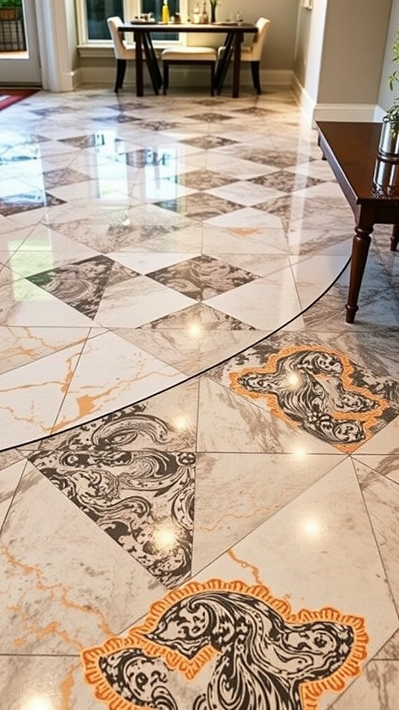 Metallic marble epoxy flooring with white and gold patterns