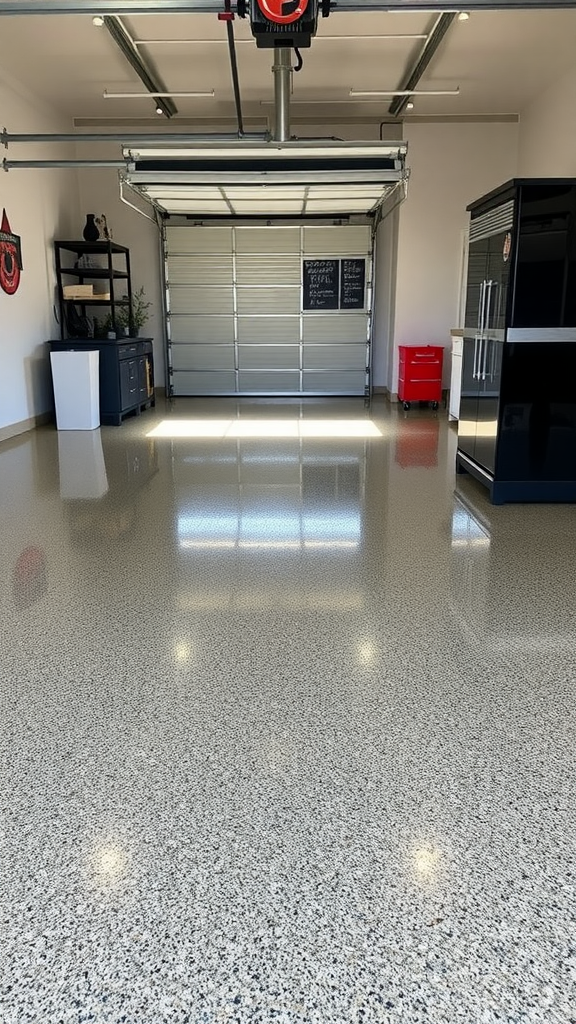 A modern workspace featuring a metallic epoxy floor that shines under bright lights, with minimalistic decor and large windows.