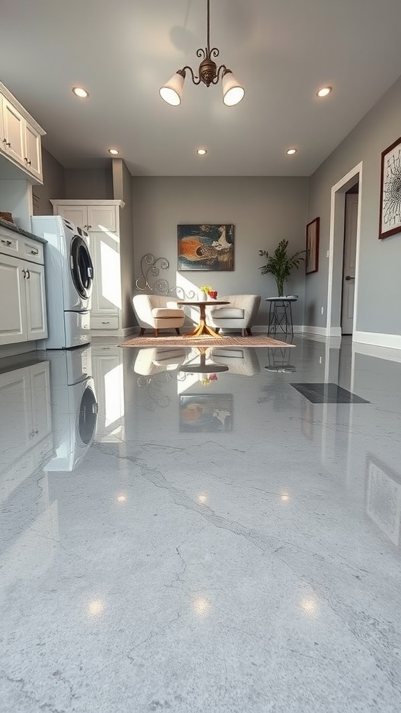 Modern room with gray epoxy floor and stylish decor