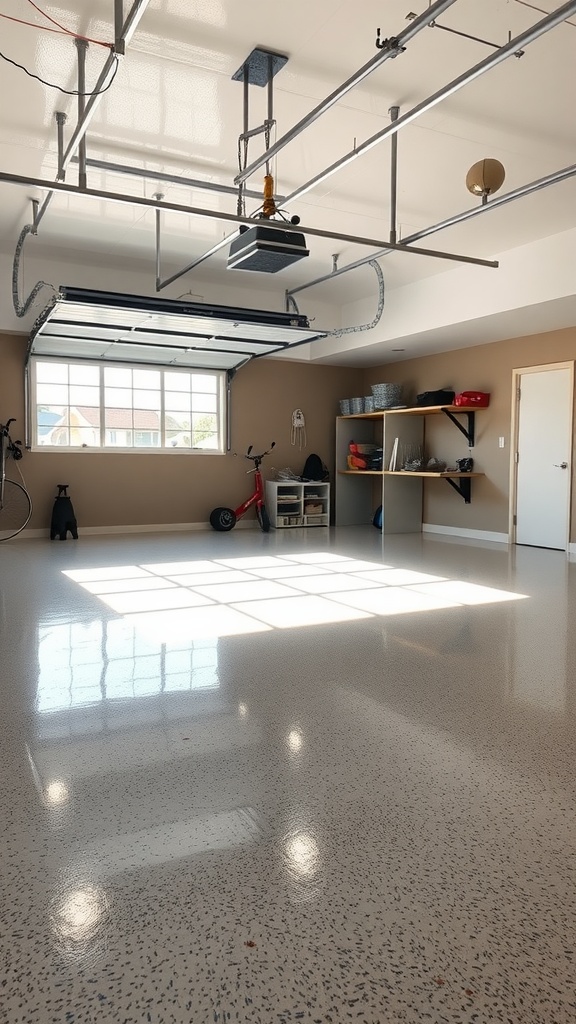 Image showing a garage floor transformation from an unfinished state to a finished epoxy floor, labeled with 'Cyring' and 'After' stages.