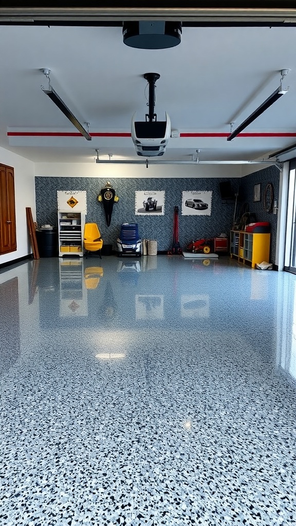 A person applying epoxy flooring in a garage with a roller.