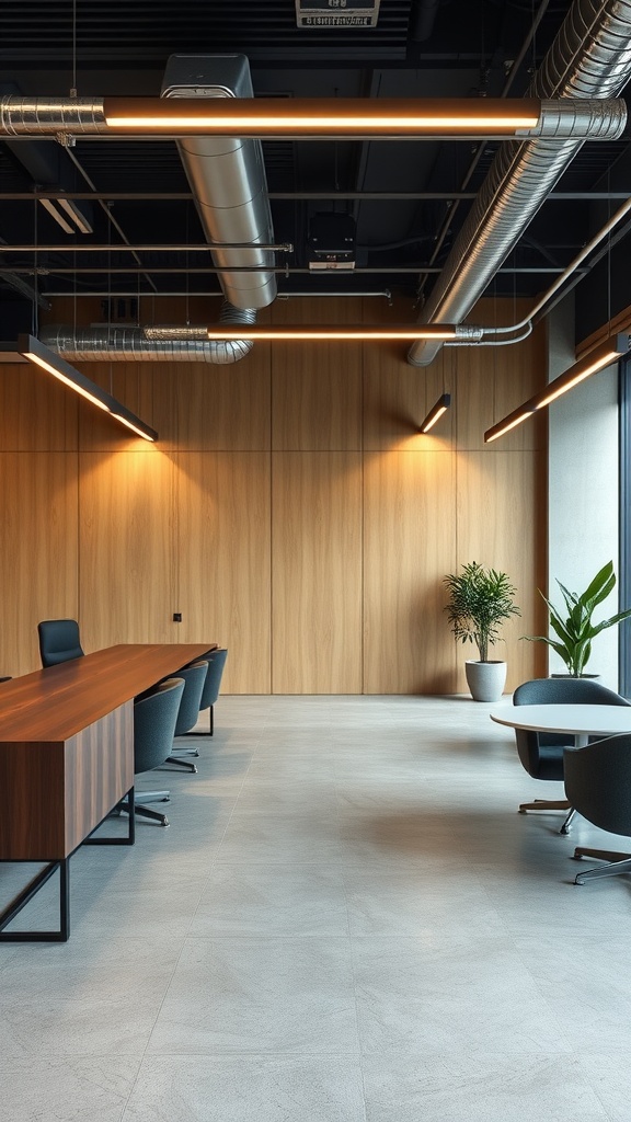 Modern interior with neutral-tone concrete floors and wooden accents.