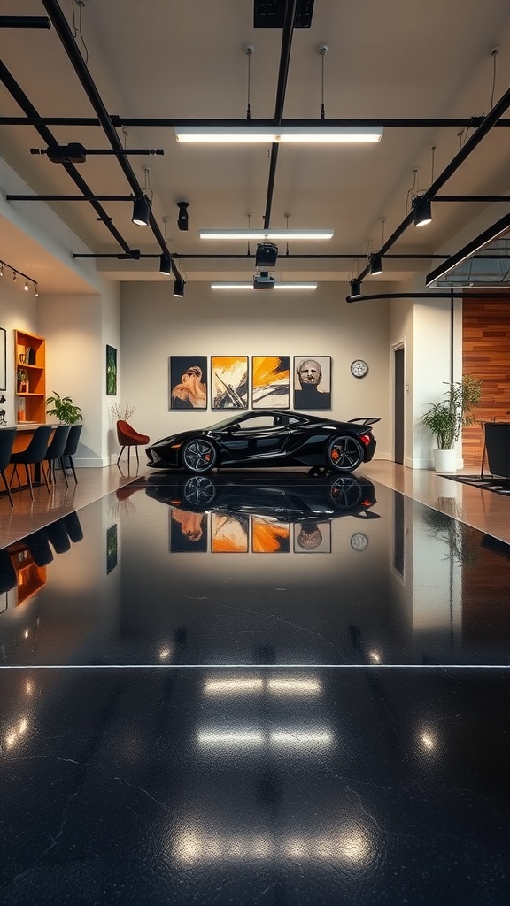 A modern garage featuring a luxurious black epoxy floor and a stylish car, with artwork on the walls.