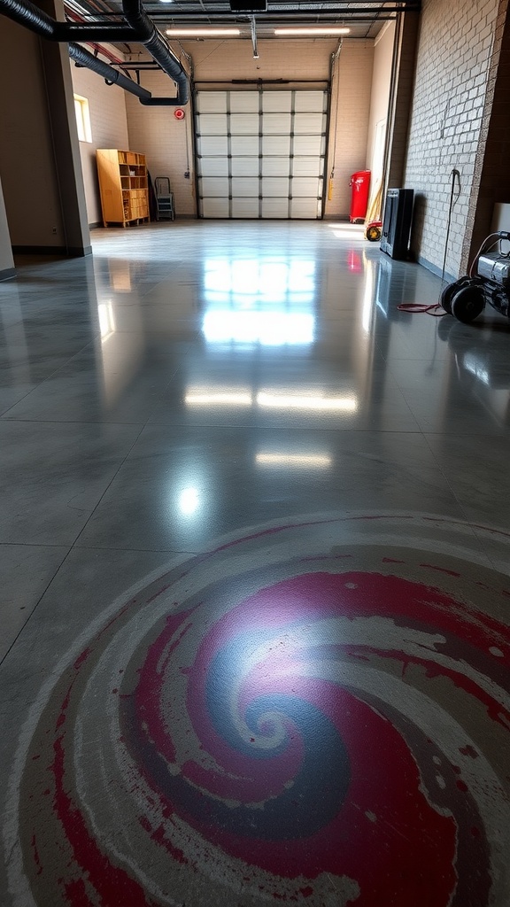 A spacious garage with a matte epoxy concrete floor featuring a swirl design, showcasing a modern interior.