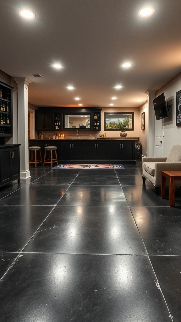 A stylish basement with a black epoxy floor, showcasing a modern bar area and cozy seating.