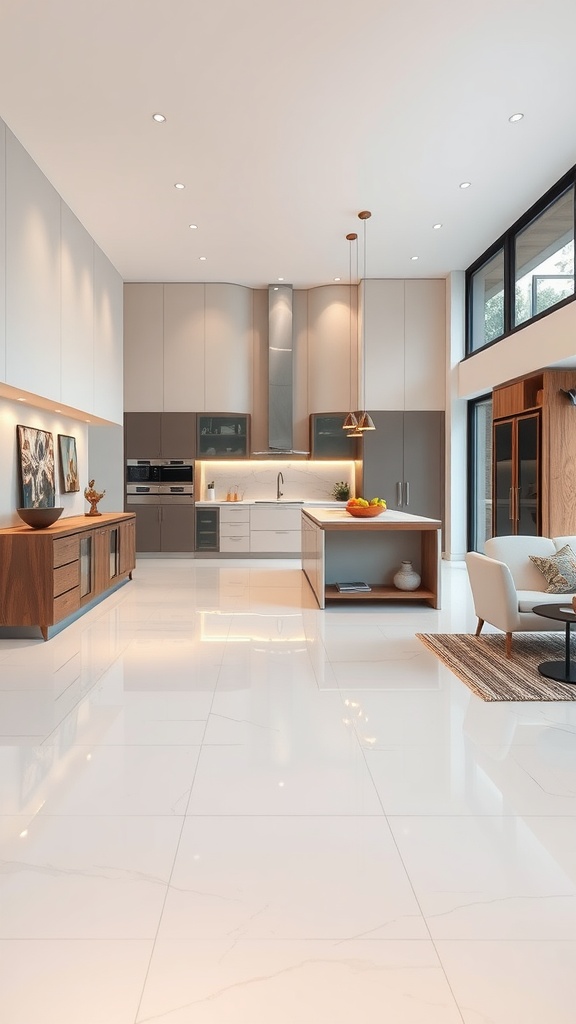 Modern kitchen interior featuring a neutral palette and glossy epoxy floors